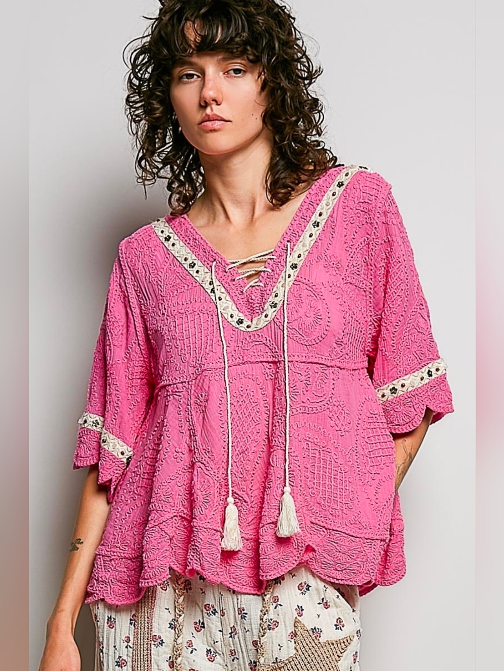 NEW!! POL Boho Lace-Up Peasant Top in Pink, NWT